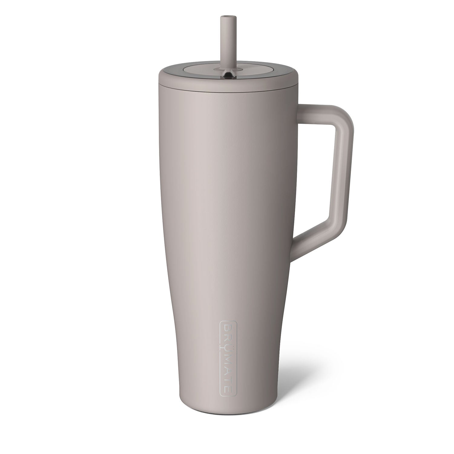 A beige 40oz spillproof tumbler with a straw