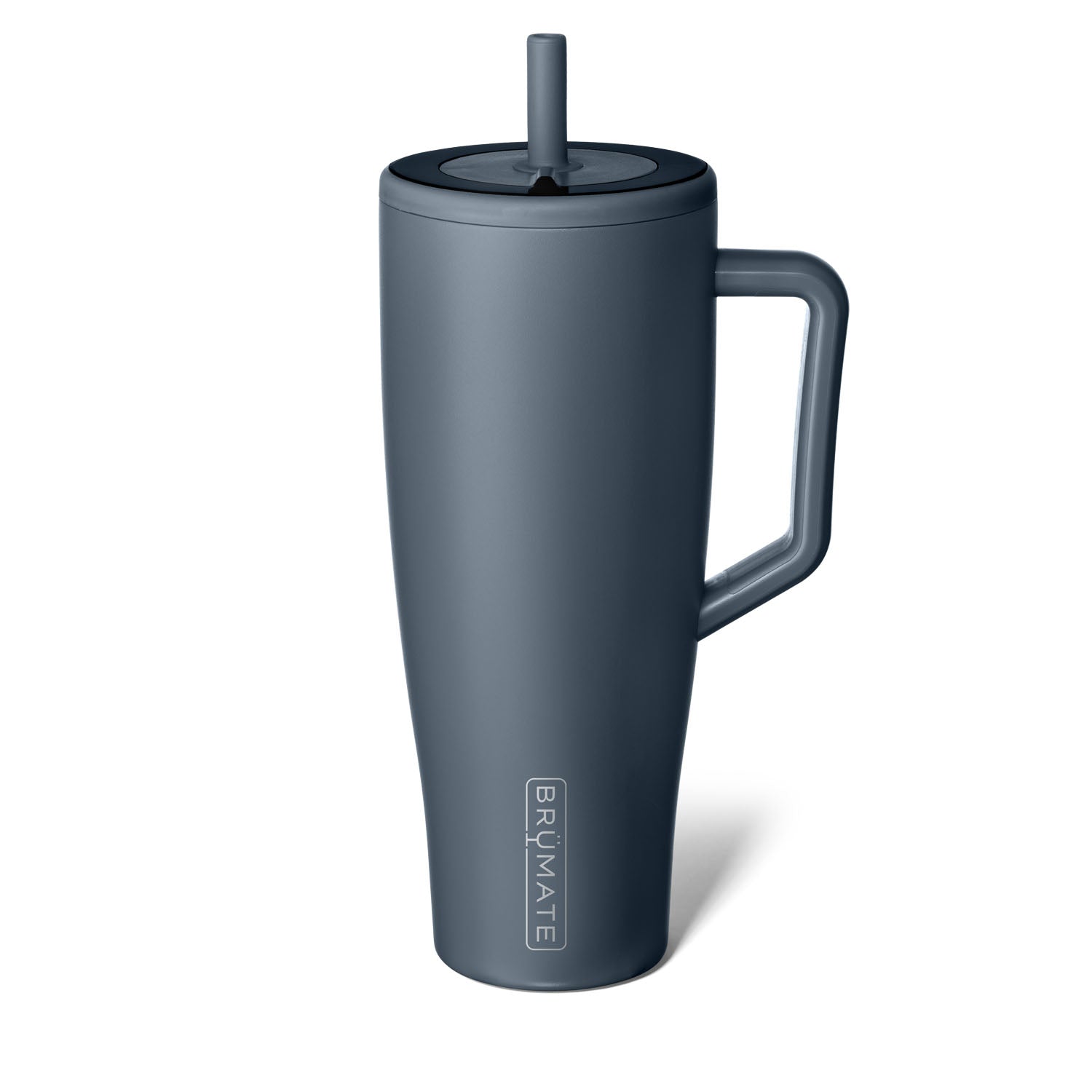 Blue 40oz Era cup with rubber grip handle and a straw 